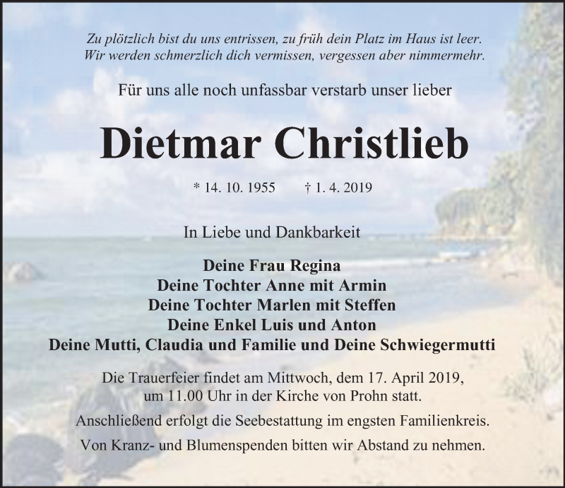  Traueranzeige für Dietmar Christlieb vom 06.04.2019 aus Ostsee-Zeitung GmbH