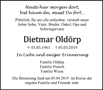 Traueranzeige von Dietmar Oldörp von Ostsee-Zeitung GmbH