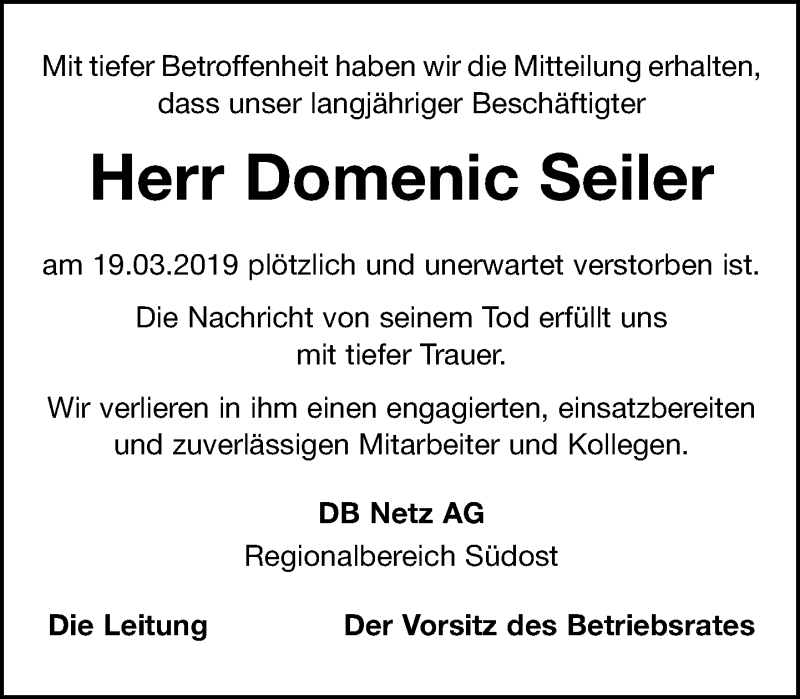  Traueranzeige für Domenic Seiler vom 04.04.2019 aus Leipziger Volkszeitung
