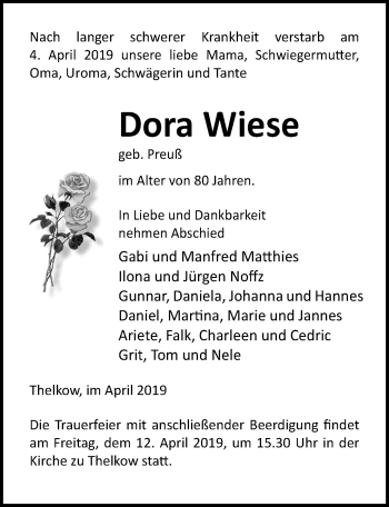 Traueranzeige von Dora Wiese von Ostsee-Zeitung GmbH