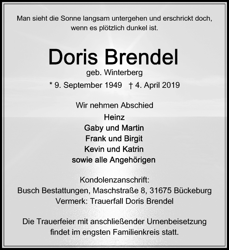  Traueranzeige für Doris Brendel vom 13.04.2019 aus Schaumburger Nachrichten