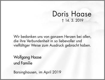 Traueranzeige von Doris Haase von Hannoversche Allgemeine Zeitung/Neue Presse