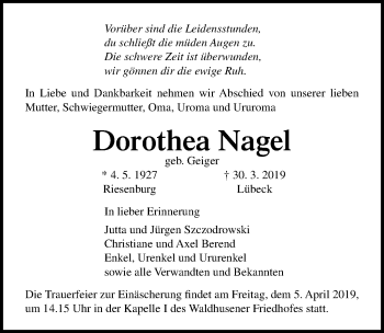 Traueranzeige von Dorothea Nagel von Lübecker Nachrichten