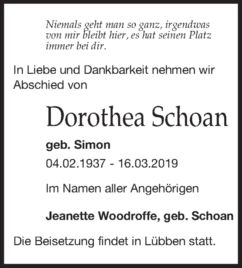  Traueranzeige für Dorothea Schoan vom 21.03.2019 aus Leipziger Volkszeitung