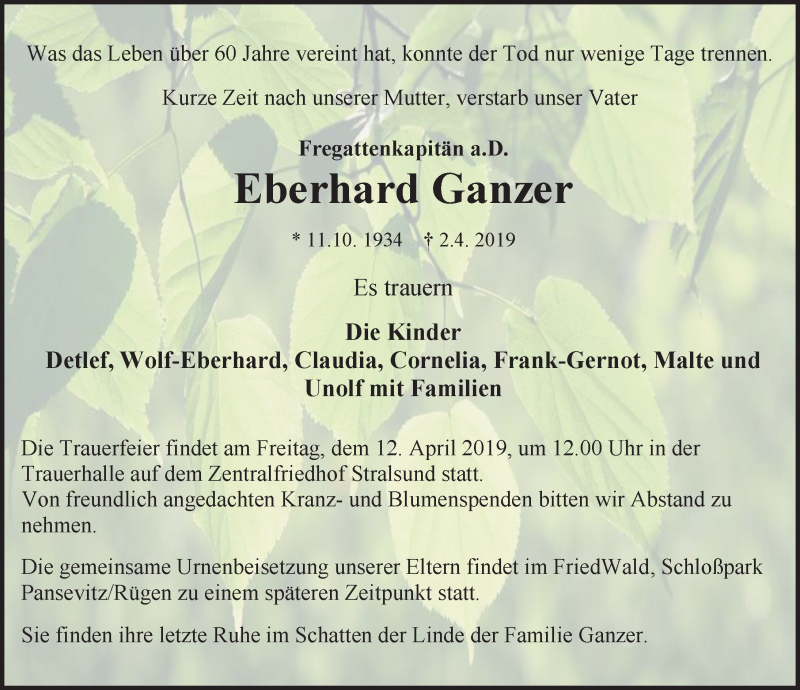  Traueranzeige für Eberhard Ganzer vom 05.04.2019 aus Ostsee-Zeitung GmbH