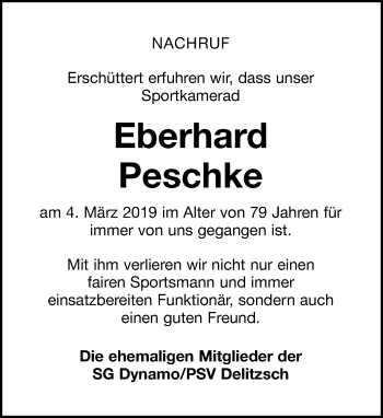 Traueranzeige von Eberhard Peschke von Leipziger Volkszeitung