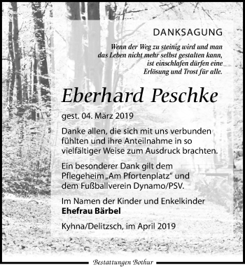 Traueranzeige von Eberhard Peschke von Leipziger Volkszeitung