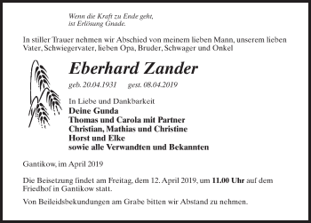 Traueranzeige von Eberhard Zander von Märkischen Allgemeine Zeitung