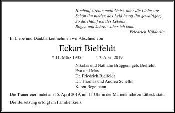 Traueranzeige von Eckart Bielfeldt von Lübecker Nachrichten