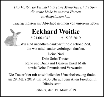 Traueranzeige von Eckhard Woitke von Ostsee-Zeitung GmbH