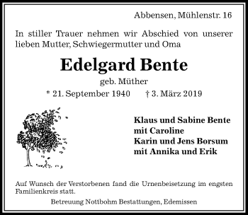Traueranzeige von Edelgard Bente von Peiner Allgemeine Zeitung