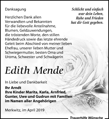 Traueranzeige von Edith Mende von Leipziger Volkszeitung