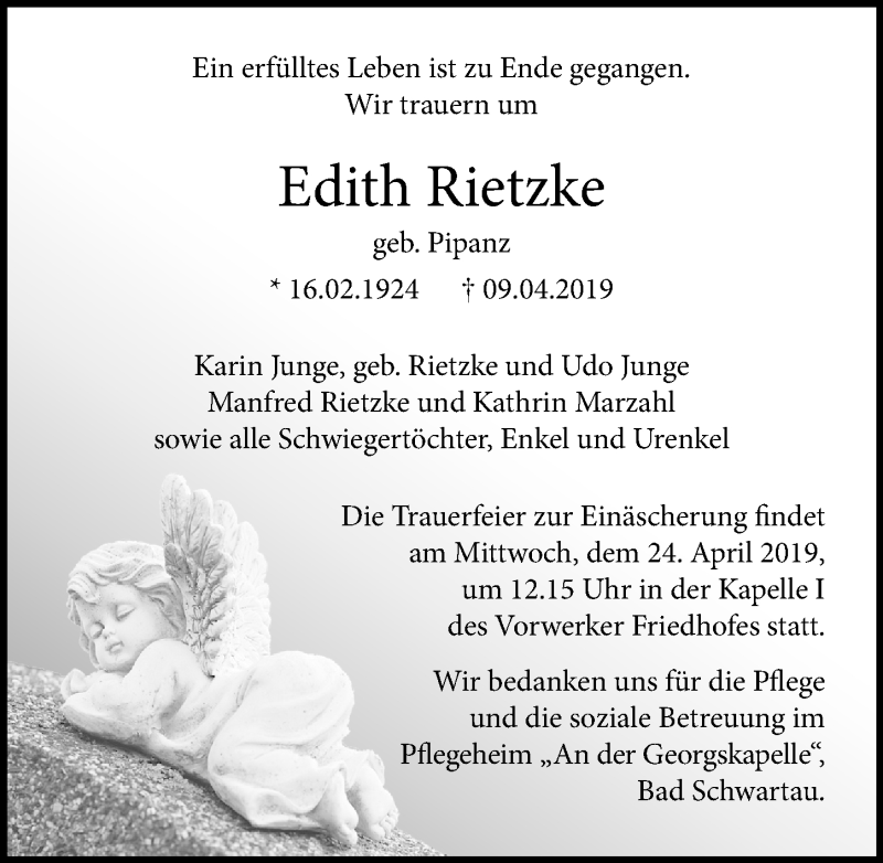  Traueranzeige für Edith Rietzke vom 21.04.2019 aus Lübecker Nachrichten