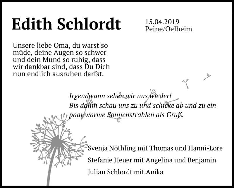  Traueranzeige für Edith Schlordt vom 20.04.2019 aus Peiner Allgemeine Zeitung