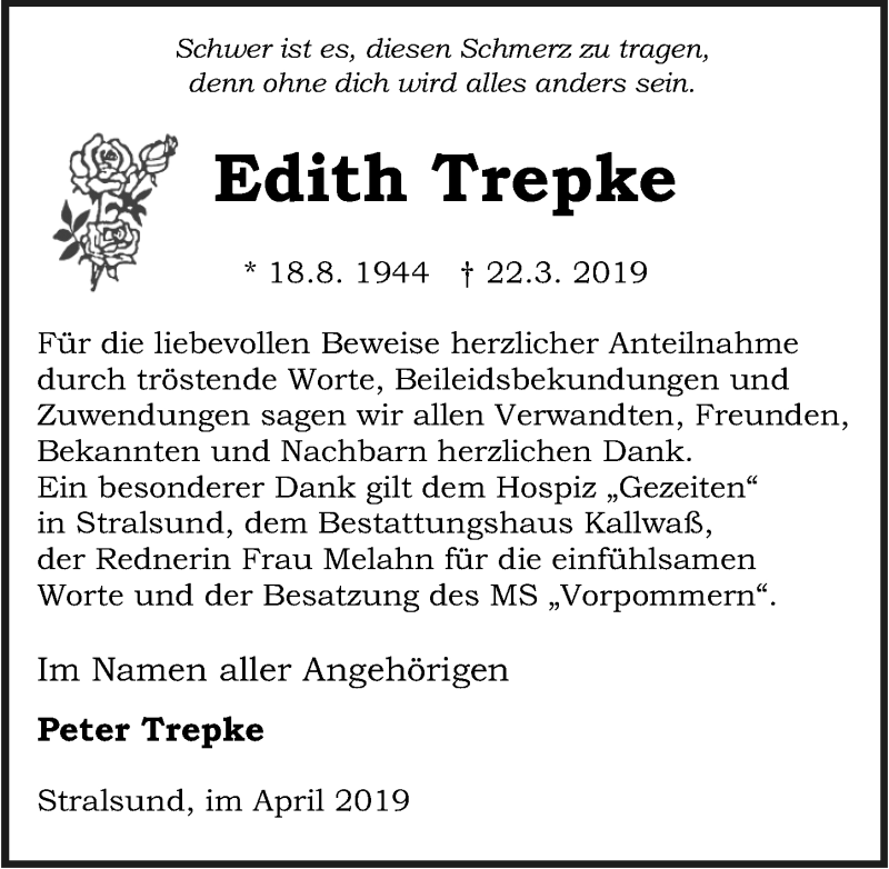  Traueranzeige für Edith Trepke vom 13.04.2019 aus Ostsee-Zeitung GmbH