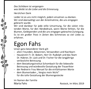 Traueranzeige von Egon Fahs von Ostsee-Zeitung GmbH