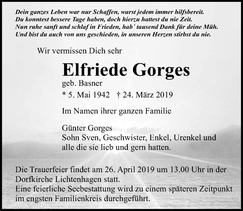  Traueranzeige für Elfriede Gorges vom 06.04.2019 aus Ostsee-Zeitung GmbH