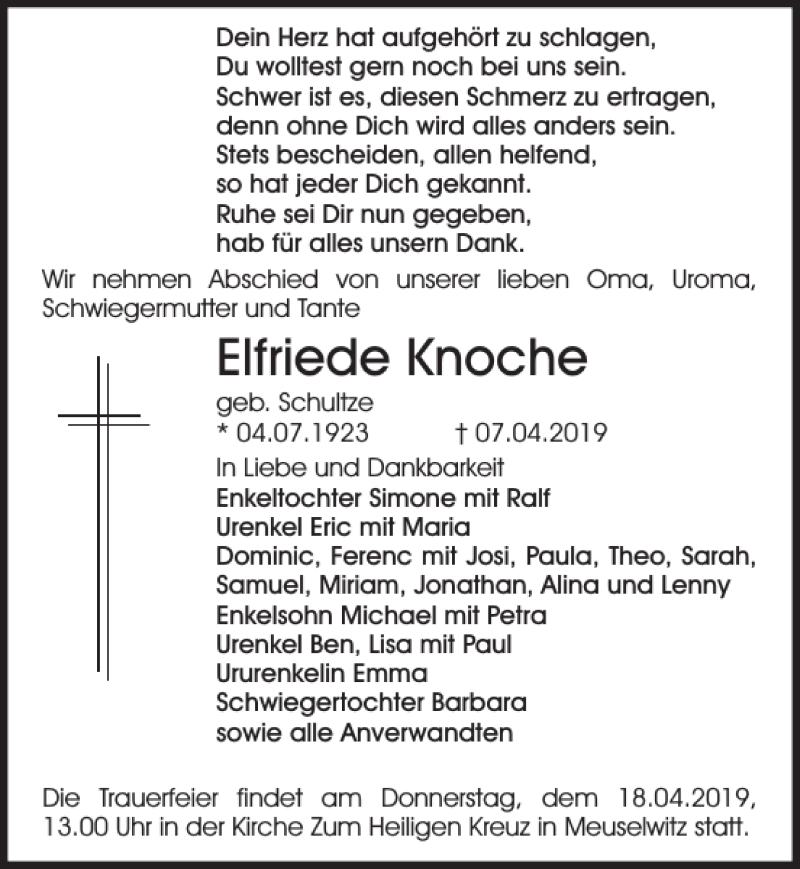  Traueranzeige für Elfriede Knoche vom 13.04.2019 aus Sächsische Zeitung