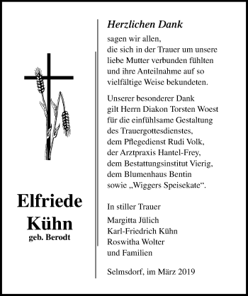 Traueranzeige von Elfriede Kühn von Ostsee-Zeitung GmbH