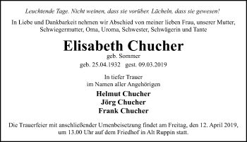 Traueranzeige von Elisabeth Chucher von Märkischen Allgemeine Zeitung
