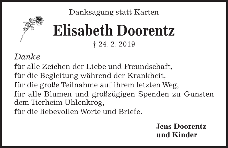  Traueranzeige für Elisabeth Doorentz vom 06.04.2019 aus Kieler Nachrichten