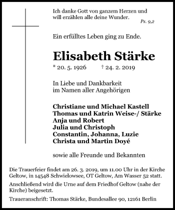 Traueranzeige von Elisabeth Stärke von Märkischen Allgemeine Zeitung