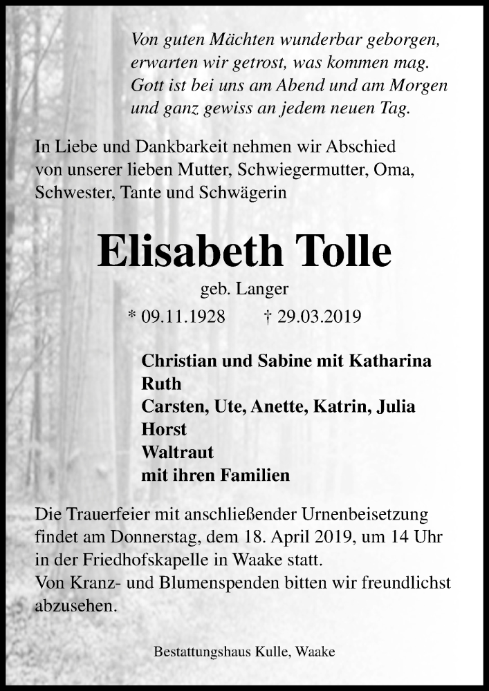  Traueranzeige für Elisabeth Tolle vom 13.04.2019 aus Göttinger Tageblatt