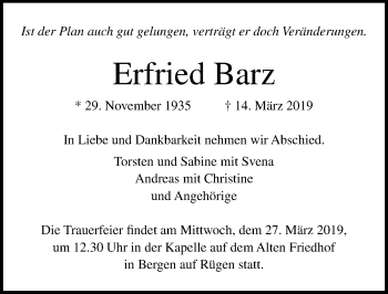 Traueranzeige von Erfried Barz von Ostsee-Zeitung GmbH