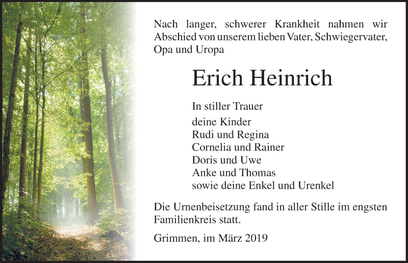  Traueranzeige für Erich Heinrich vom 23.03.2019 aus Ostsee-Zeitung GmbH