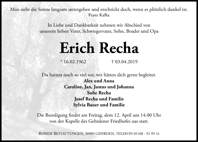  Traueranzeige für Erich Recha vom 10.04.2019 aus Hannoversche Allgemeine Zeitung/Neue Presse