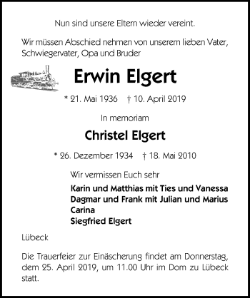 Traueranzeige von Erwin Elgert von Lübecker Nachrichten