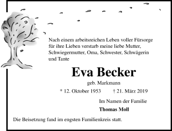 Traueranzeige von Eva Becker von Lübecker Nachrichten