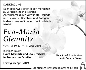 Traueranzeige von Eva-Maria Glemnitz von Leipziger Volkszeitung