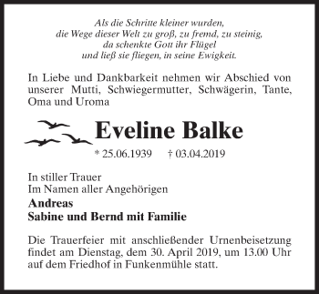 Traueranzeige von Eveline Balke von Märkischen Allgemeine Zeitung