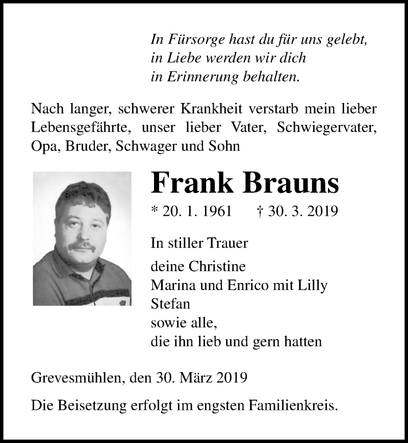  Traueranzeige für Frank Brauns vom 03.04.2019 aus Ostsee-Zeitung GmbH