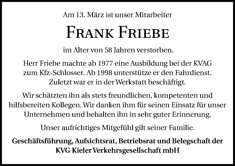  Traueranzeige für Frank Friebe vom 23.03.2019 aus Kieler Nachrichten