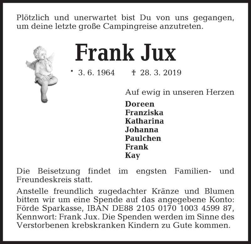  Traueranzeige für Frank Jux vom 06.04.2019 aus Kieler Nachrichten
