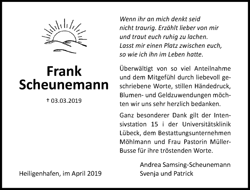  Traueranzeige für Frank Scheunemann vom 06.04.2019 aus Lübecker Nachrichten