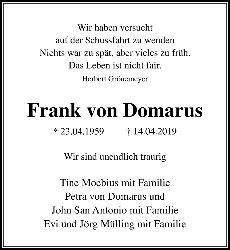  Traueranzeige für Frank von Domarus vom 21.04.2019 aus Lübecker Nachrichten