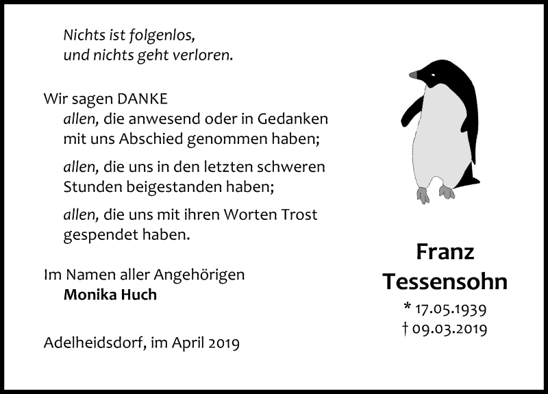  Traueranzeige für Franz Tessensohn vom 17.04.2019 aus Hannoversche Allgemeine Zeitung/Neue Presse