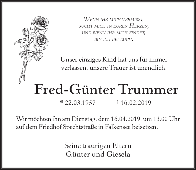  Traueranzeige für Fred-Günter Trummer vom 06.04.2019 aus Märkischen Allgemeine Zeitung