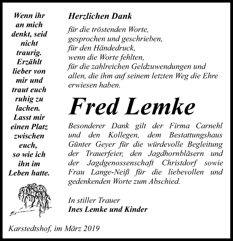  Traueranzeige für Fred Lemke vom 23.03.2019 aus Märkischen Allgemeine Zeitung