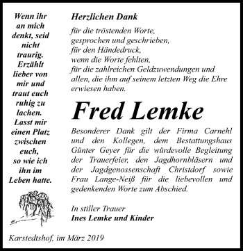 Traueranzeige von Fred Lemke von Märkischen Allgemeine Zeitung