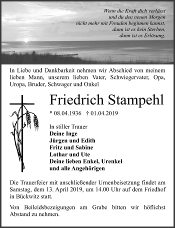 Traueranzeige von Friedrich Stampehl von Märkischen Allgemeine Zeitung