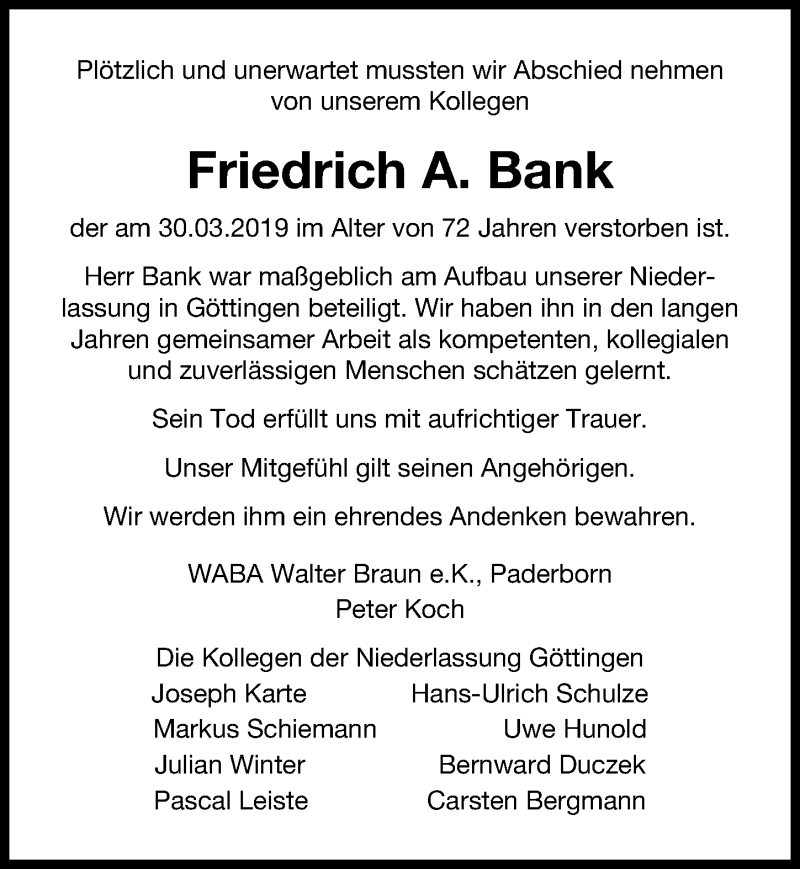  Traueranzeige für Friedrich A. Bank vom 06.04.2019 aus Göttinger Tageblatt