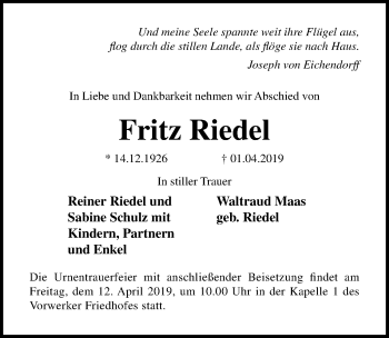 Traueranzeige von Fritz Riedel von Lübecker Nachrichten