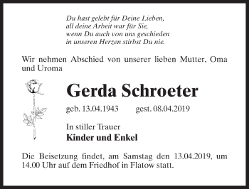 Traueranzeige von Gerda Schroeter von Märkischen Allgemeine Zeitung