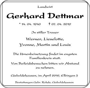 Traueranzeige von Gerhard Dettmar von Eichsfelder Tageblatt