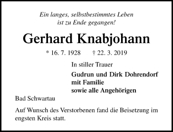 Traueranzeige von Gerhard Knabjohann von Lübecker Nachrichten