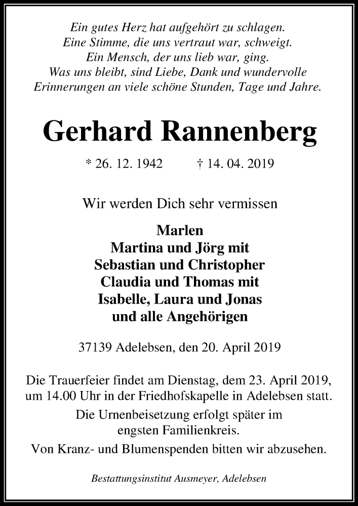  Traueranzeige für Gerhard Rannenberg vom 20.04.2019 aus Göttinger Tageblatt